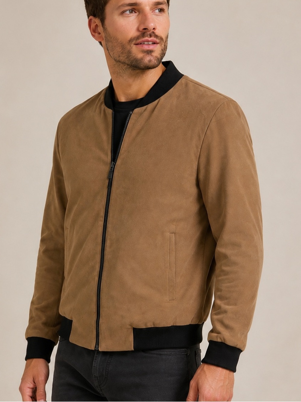 Topman Men’s Faux Suede Bomber Jacket Tan Brown Black Trim Size 38 M